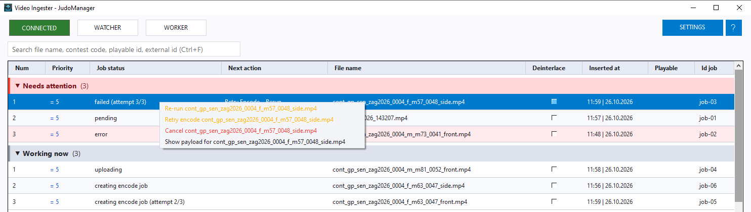 The right-click menu on a failed job, showing Re-run, Retry encode, Cancel and Show payload
